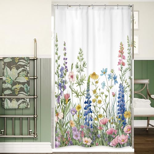 "Small Stall Wildflower Floral Watercolor Flower Bathroom Shower Curtain Set - 36""W x 72""H Botanical Rustic waterproof HD print, quick-dry fabric with plastic hooks for easy hanging."