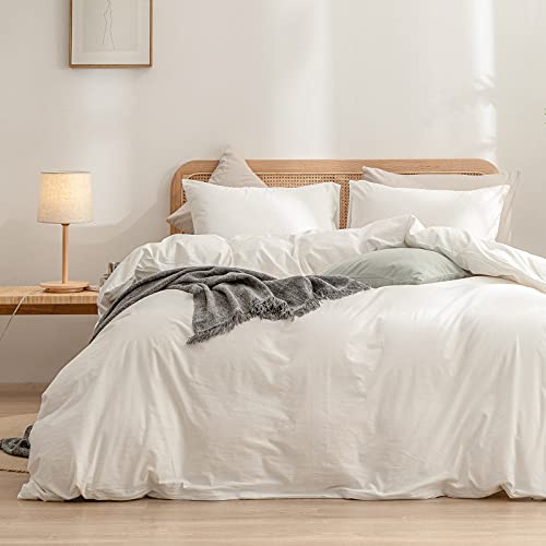 BESTOUCH 100% Washed Cotton Bed Linen Set, Super Soft Touch Comfortable Chic Lightweight 3-Piece Bed Linen Set for Home Solid Whitish Color, California King