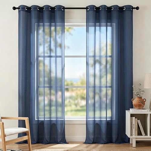 KOUFALL 2 Panels Grommet Faux Linen Sheer Curtains-Navy Blue-52x120
