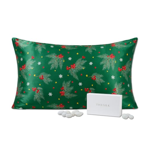 THXSILK Christmas Style 6A+ Grade Mulberry Silk Pillowcase for Hair and Skin, 22 Momme 100% Pure Silk Pillow Case with Hidden Zipper, Christmas Holly Printed Pillow Cover, Green