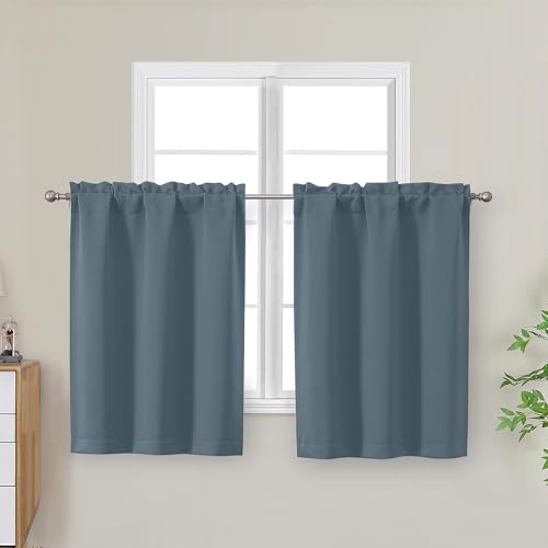 "OWENIE Stone Blue Kitchen Curtains 30 Inch Length, Short Blackout Small Thermal Insulated Curtains Tier Over Sink Rod Pocket Half Window for Bathroom Bedroom Camper RV Bunk, 2 Panels, Each 30"" Wx30 L"