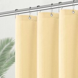 PANGSINNE Beige Stall Fabric Shower Curtain - Water Repellent Waffle Textured 256GSM Heavy Duty Cream Shower Curtains for Bath Tubs, Narrow Hotel Quality Ivory Bath Curtain Set with 6 Hooks, 36Wx72H