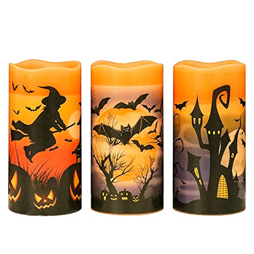 Eldnacele Halloween Flameless Flickering LED Candles with 6-Hour Timer, Battery Operated Wax Candles Assorted Decals Witch, Bats, Castle Set of 3 for Decoration