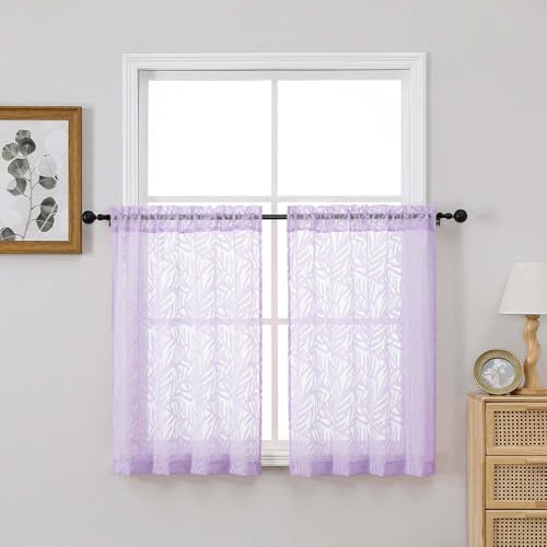 OVZME Textured Sheer Curtains Tier 36 inch Length 2 Panels, Light Filtering Elegant Farmhouse Short Sheer Curtains for Bedroom Basement Small Window, Dual Rod Pocket, Lavender, 2x30Wx36L Inches