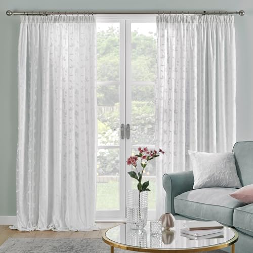 Dreams & Drapes - Floral Leaf Net Curtains for Windows - 2x Panels - W66 x L54 (167 x 137cm) - Lined Window Net - White Voile Curtains for Bedroom & Living Room - White Sheer Curtains with Leaf Plants