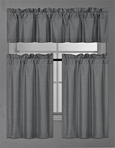 Fancy Collection 3 Piece Faux Silk Blackout Kitchen Curtain Set - Tier Curtains and Valance - Solid Dark Grey/Charcoal - Thermal Backing Drapes