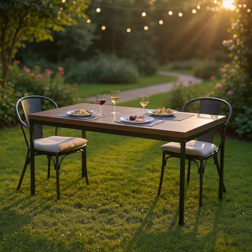 FurnitureR Bistro Tables for Garden in Brown, Clean and Elegant Style for 4 to 6 People, Thick Wooden Top with Metal Frame, for Cafe, Balcony, Patio, 150 x 75 x 75 cm