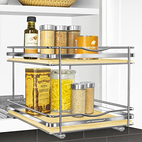 LYNK PROFESSIONAL?? ??lite??? Pull Out Spice Rack Organizer for Inside Kitchen Cabinets - 10-1/4 inch Wide - Slide Out Drawer ??? Wood/Chrome Sliding Spice Cabinet Organization Shelf Racks - 2 Tier
