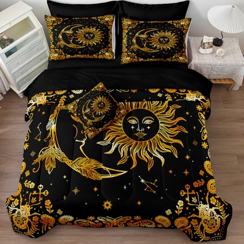 Chumerry Black Gold Comforter Sets Sun and Moon Bedding Gold Stars Starry Sky Galaxy Theme Boho Chic Bedding Comforter Paisley Floral Botanical Exotic Comforter King Bed in A Bag