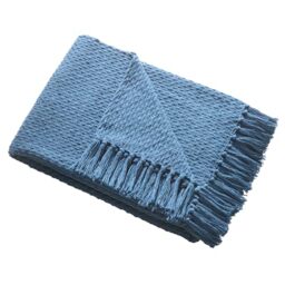 Drift Home - Teal Throw with Tassel (180 x 130cm) - Sustainable Recycled Cotton - Woven Blanket in Teal Blue - Basket Weaved - Textured Sofa Throw Blanket Teal - Teal Blue Blanket/Bed Throw Large