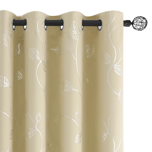 BUHUA Wave Silver Leaf Print Blackout Curtains for Living Room Darkening Curtains Light Blocking Curtains for Bedroom 66W??63L Beige 2 Panels