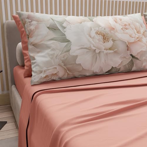 PETTI Artigiani Italiani - Double Bed Sheets Cotton with Pillowcases in Digital Print, Double Bed Sheet, Floral Pattern 40 Salmon, 100% Made in Italy