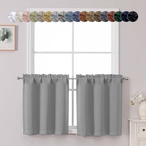 "Chyhomenyc Silver Grey Short Blackout Curtains 24 Inch Length, Small Kitchen Curtain Rod Pocket Half Window Curtains for Bathroom Basement Cabinet Camper RV Bunk, 2 Panels, Each 30"" Wx24 L"