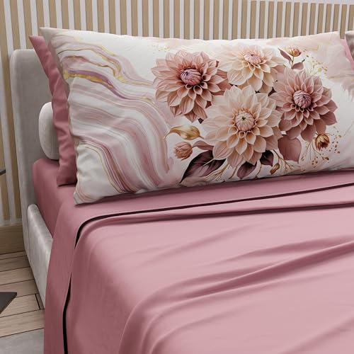 PETTI Artigiani Italiani - Double Bed Sheets Cotton with Pillowcases in Digital Print, Double Bed Sheet with Flower Design Powder Onion, 100% Made in Italy