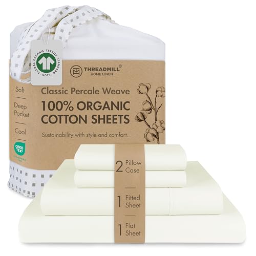 "Threadmill Organic Cotton Full Sheet Set, Percale, White, 4-Piece - 100% Organic Cotton, Percale Weave, 4-Piece Set, 16"" Deep Pocket, All-Around Elastic, Cooling, Lightweight, Machine Washable"