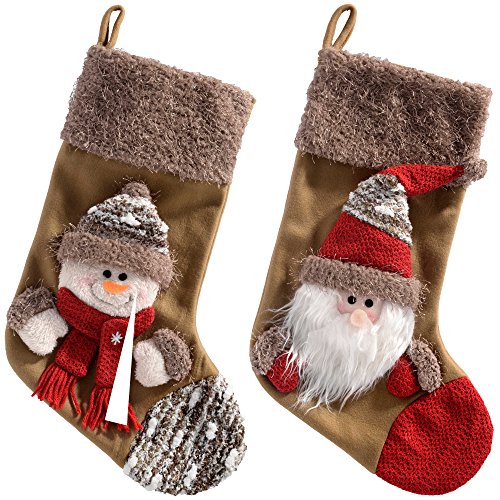 WeRChristmas Santa and Snowman Christmas Stocking Decoration, 48 cm - Brown, Set of 2
