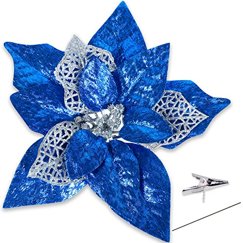 Geefuun 15 Pieces Christmas Glitter Artificial Poinsettia Flowers Decorations Large Size - 8.7Inches Xmas Tree Ornaments with Clips (Blue)