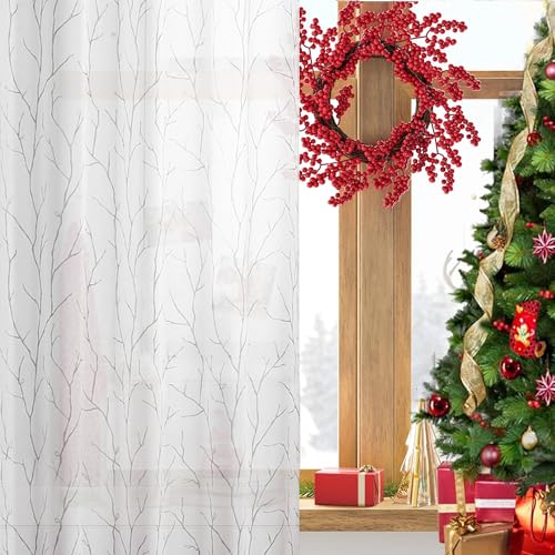 BUHUA Sheer White Curtains 54 Inch Length 2 Panels Set, Light Filtering Curtains with Tree Branches Print, Semi-Sheer Curtain for Bedroom (52 x 54 Inch, 1 Pair, White)