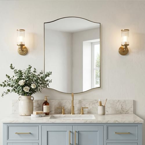 "ANDY STAR Gold Bathroom Mirror, 22""x30"" Scalloped Wall Mirror in Stainless Steel Metal Frame, Unique Vanity Mirror with Modern Curved Edge Design, Ideal for Bathroom, Bedroom, Entryway"