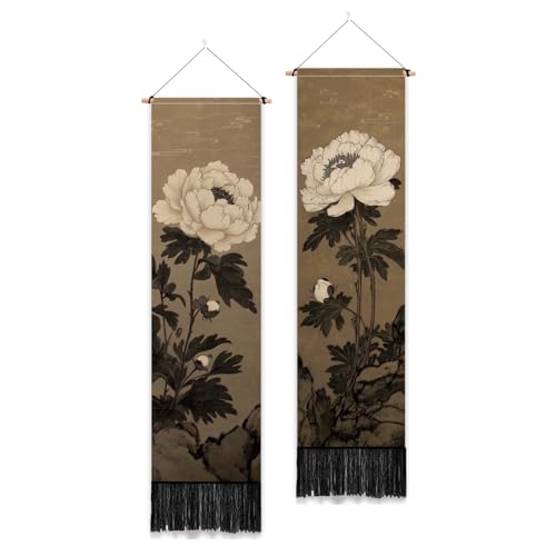 PLIGREAT 2 Pack Japanese Peony Vertical Tapestry with Tassels Elegant Flower Wall Hanging for Bedroom Bathroom Living Room Warm Long Narrow Wall Hanging Dorm Room Home Art Decor