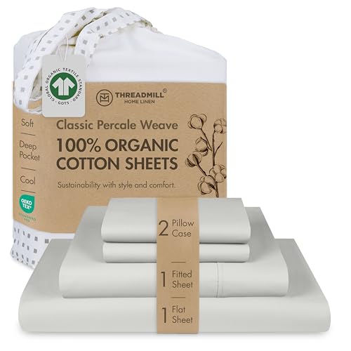 "Threadmill 100% Organic Cotton Flat Sheet,Queen Size 4 Piece Light Grey,Certified by GOTS,Soft and Cooling Sheet Set with Reusable Pocket,Snug Fit with 16"" Deep Pocket,Ultra Light and Eco-Friendly"