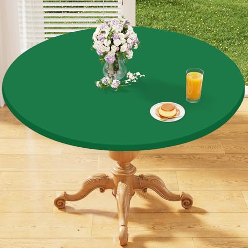 "Homing Round Fabric Fitted Tablecloth, Elastic Waterproof Oil Proof Table Cloth, Washable Polyester Table Cover Fits 36""-44"" Round Tables for Outdoor Picnic Dinner, Hunter Green"