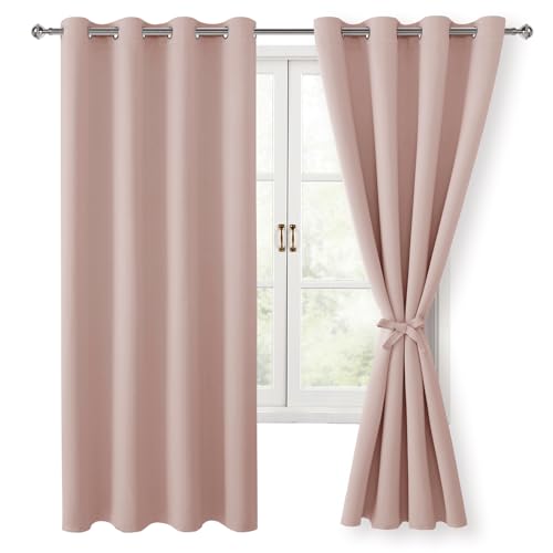 Hiasan Blackout Curtains for Bedroom, 52 x 63 Inches Length - Thermal Insulated Light Blocking Window Curtains for Living Room, 2 Drape Panels Sewn with Tiebacks, Blush