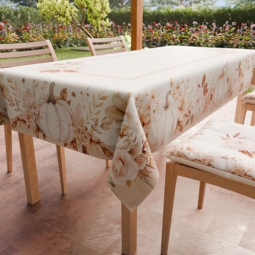 PETTI Artigiani Italiani - Autumn Tablecloth Stain Resistant Rectangular 140x450 cm 24 Seats, Halloween Microfibre Kitchen Table Cover, Pumpkins and Autumn Flowers Design, 100% Made in Italy