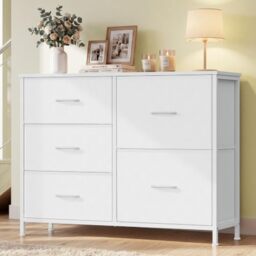 SONGMICS Chest of Drawers, 5 Fabric Drawers Storage Unit, Sturdy Steel Frame, Wooden Top, 98.7 x 30 x 74.7 cm, for Bedroom, Closet, Hallway, Living Room, Cloud White LGS235W101