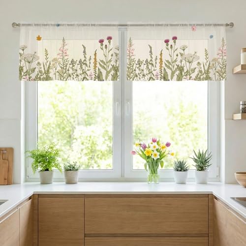 "Horaldaily Spring Sheer Curtains for Living Room and Bedroom, Wild Flowers Floral Window Curtains, Holiday Window Drapes Decor, 52"" W x 14"" L, Set of 2 Curtain Panels"