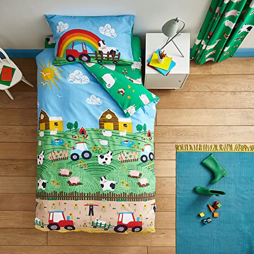 Catherine Lansfield Bedding Farmyard Animals Single Duvet Cover Set with Pillowcases Blue, Single Duvet Set