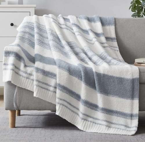 WRENGONGE Striped Blanket Soft Fluffy Blanket for Couch Bed Chair Travel Home Decor for Women, Men, Kids, Gift, 50 x 70 inches, Blue Grey