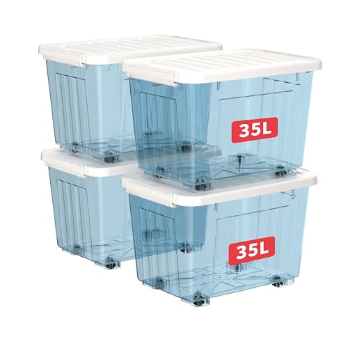 Cetomo 35L*4 Plastic Storage Boxes with Wheels, Lidded Storage Box with Secure Side Latches, PP Nestable and Stackable Clear Organizer for Home, Office, Moving, Transparent Blue, 35L-4 Pack