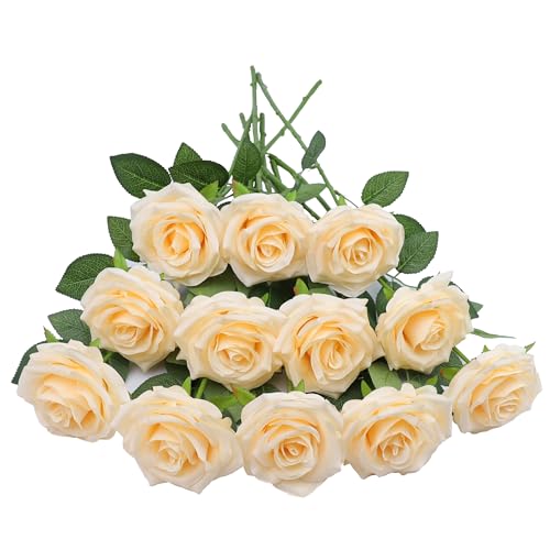 LVEFIT 12pcs Artificial Rose Flower Champagne Flower with Long Stem Silk Roses Bouquet for Wedding Bridal Shower Party Home Decoration