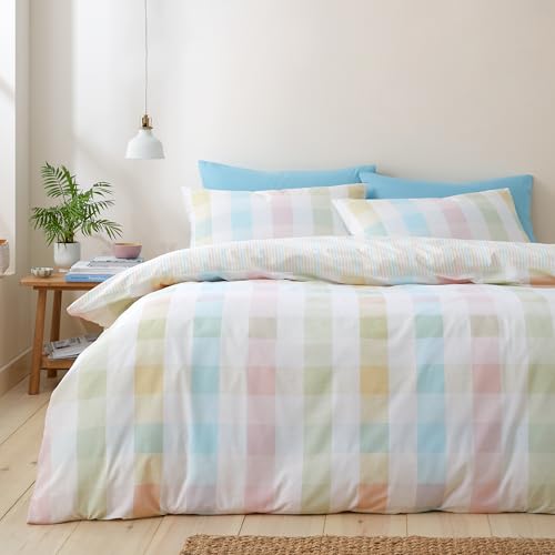 Catherine Lansfield Spring Check Reversible Double Duvet Cover Set with Pillowcases Pastel