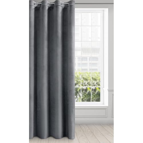 Eurofirany Velvet Super Soft Curtain with Eyelets - 1 Panel, Room Darkening Window Treartment, Drapes for Bedroom, Kitchen, Living Room, W53 x L98, Dark Grey