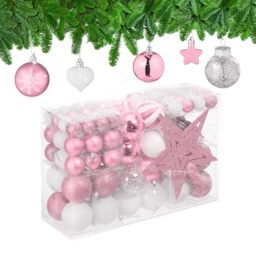 Relaxdays Christmas Baubles Set of 101, Glittering, Tree Decorations, Spheres & Spikes, Plastic, Traditional, Pink, 19 x 20 x 2.5 cm