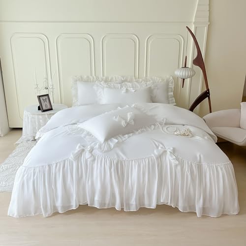 SOUKECHY Chic Lace Bedding,Girls Twin Aesthetic Comforter Cover Set,Romantic French Princess Style Ruffled Duvet Cover with Lovely Bow with Zipper Closure-White,Twin