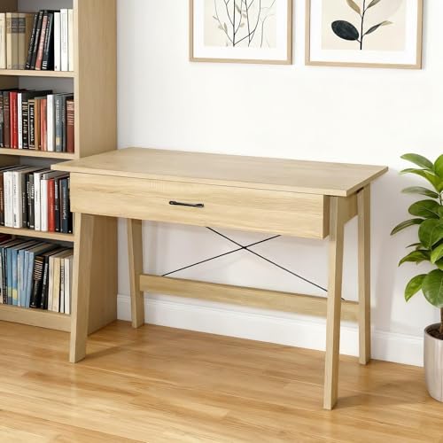 Home Source Winston Computer Desk with 1 Drawer – Classic Oak Finish, Black Metal Frame - 111W x 50D x 76H cm - Home Office Desk