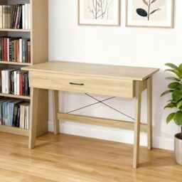 Home Source Winston Computer Desk with 1 Drawer – Classic Oak Finish, Black Metal Frame - 111W x 50D x 76H cm - Home Office Desk