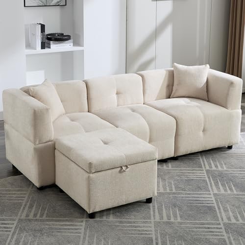 Ball & Cast Corner Sofa with Removable Storage Ottoman, 3 Seater Sofas for Living Room, L Shaped Sofa with 2 Pillows, 80 Inch Linen Fabric Modular Sofa Couch for Home Apartment Office, Beige