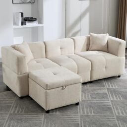 Ball & Cast Corner Sofa with Removable Storage Ottoman, 3 Seater Sofas for Living Room, L Shaped Sofa with 2 Pillows, 80 Inch Linen Fabric Modular Sofa Couch for Home Apartment Office, Beige