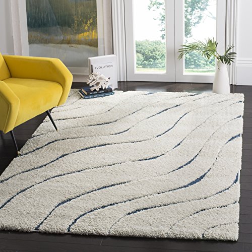 Safavieh Florida Shag Collection Shaggy Rug for Living Room Dining Room Bedroom High Pile Cream and Blue 24 x 36 Inch