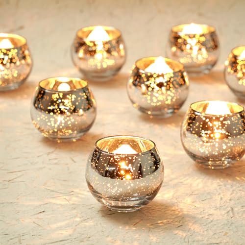 Homemory 12 Pcs Sliver Votive Candle Holders, Round Mercury Glass Candle Holder, Tealight Candle Holders for Table Centerpieces, Baby Shower, Anniversary, Wedding, Home Decor, Halloween, Christmas