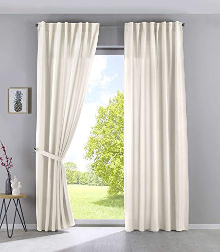Gardinenbox Set of 2 Cationic Jena Opaque Linen Look Curtains Mottled Curtain Tape with Tie Backs, 100% Polyester, Cream, H 225 x W 140 cm