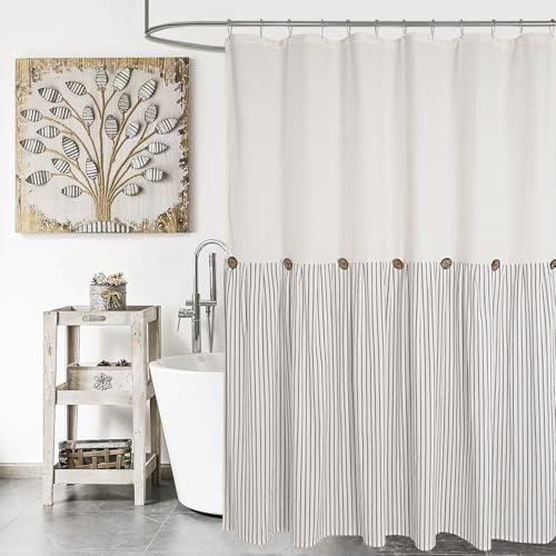 DOSLY ID??ES Farmhouse Shower Curtain,Beige and Gray Striped,Spa Beige Waffle,Button Curtain,Cotton Woven Fabric,Country,Rustic, Shabby Chic,72x72 in
