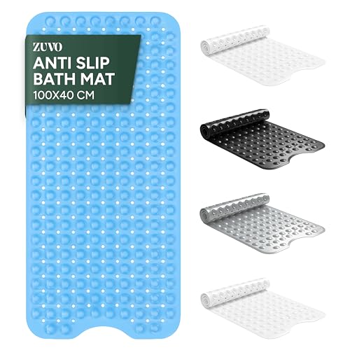 Zuvo Non-Slip Bath Mat for Inside Bath – Extra Long 100 x 40cm, Anti Mould, Machine Washable Shower Mat with Suction Cups & Drain Holes – Safe for Kids & Elderly (Blue)