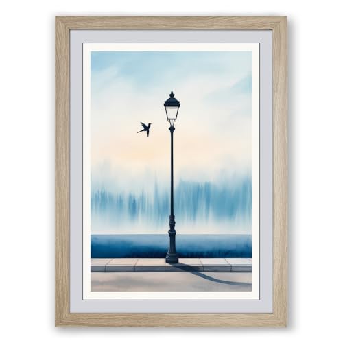 Lamp With Perch Scandinavian Framed Wall Art Print A4 (29.7×21cm) Oak, Wall Decor for Living Room, Bedroom, Office & Home, Ready to Hang, Art Gift