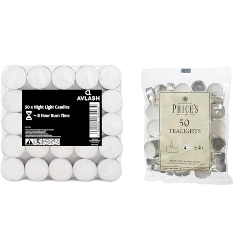 Avlash ยฎ 8 Hour Tea Light Candles Pack of 50-8 Hour Burn Time - Shrink Wrapped & Prices Patent Candles White Tealights Bag, Pack of 50, Wax, l x 3.8cm w x 1.8cm h, Unscented