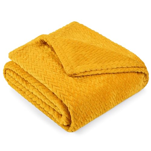 PAVILIA Soft Fleece Yellow Throw Blanket for Couch, Lightweight Plush Warm Blankets for Bed, Fuzzy Cozy Flannel Blanket Throw for Sofa, Travel, Jacquard Pattern, Mustard Yellow, Twin, 60x80 inch